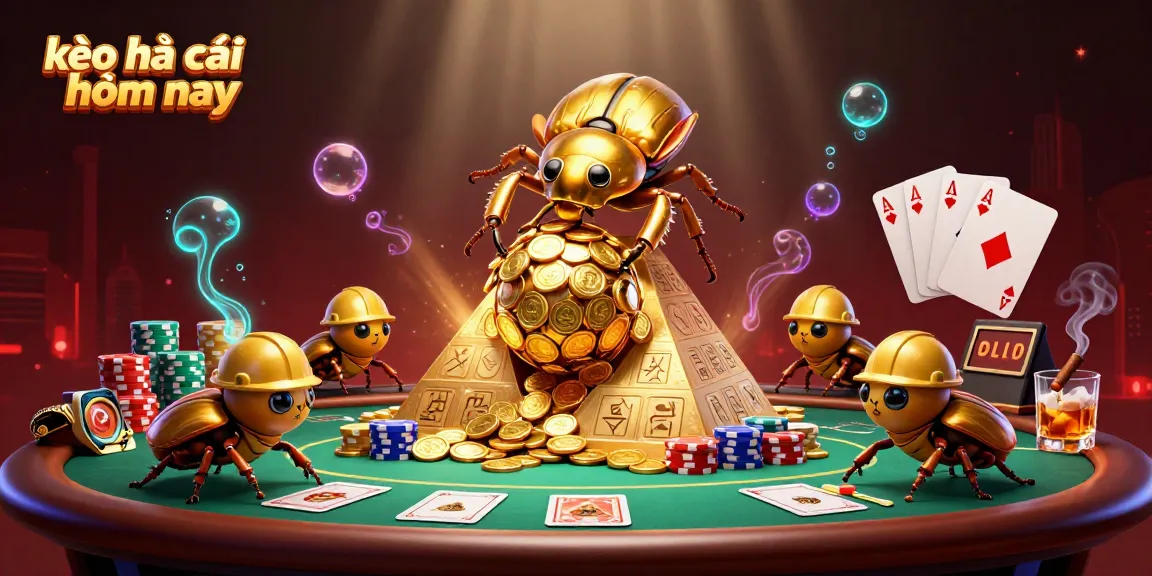Engage with kèo nhà cái hôm nay through an adventurous illustration of a golden beetle team in a casino setting.
