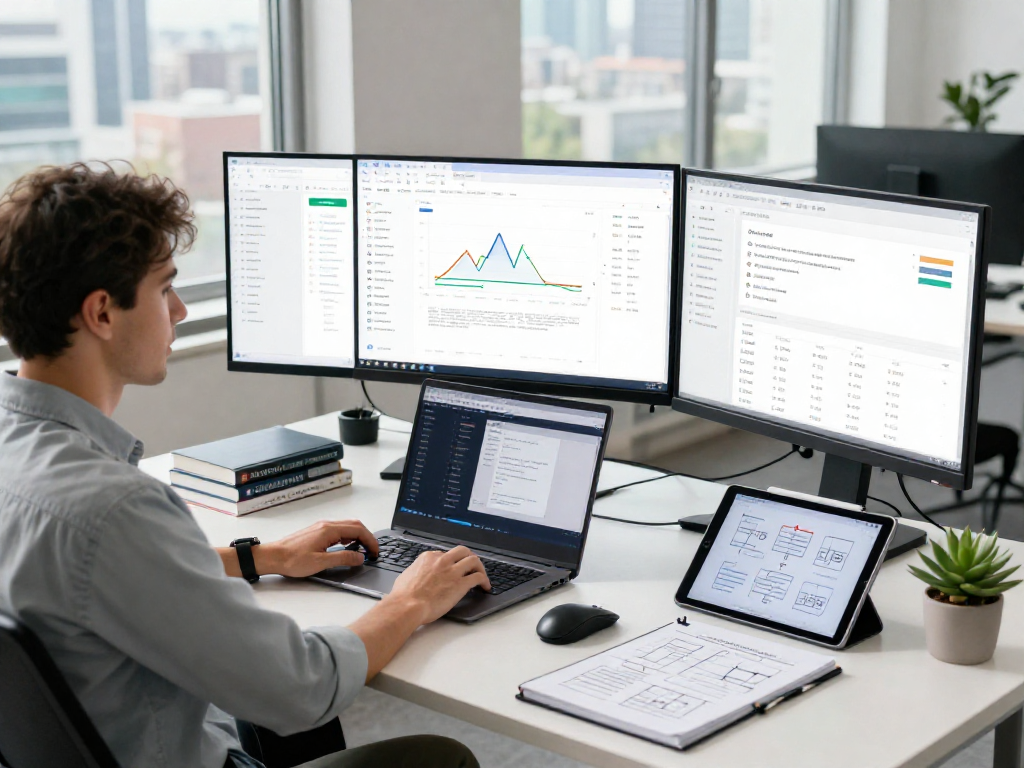Waygrid workspace scene showcasing API management with professional solutions engineer analyzing real-time data.