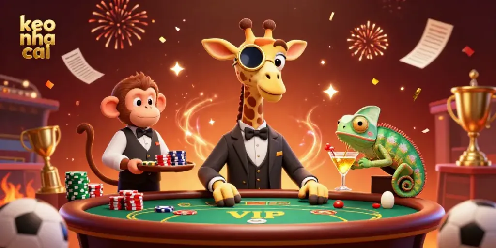 Experience keo nha cai action with a giraffe playing poker, celebrating with sports betting elements.