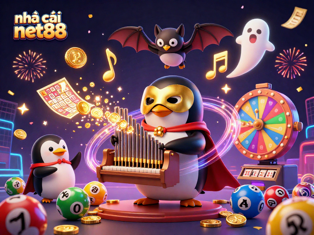 Engage with the nhà cái net88 fun as a cartoon penguin plays music and golden coins rain down.
