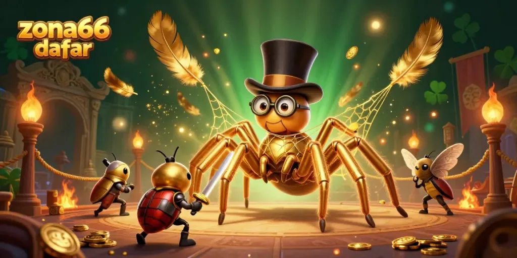Gambarkan zona66 daftar dengan tarantula emas raksasa, kesatria beetle, dan elemen kasino.