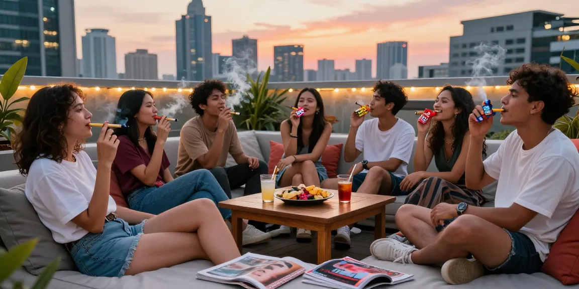 Friends sharing rokok 88 on an urban rooftop at sunset in a vibrant lifestyle scene.