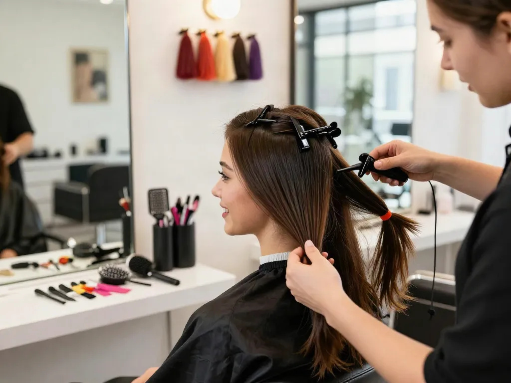 Stylish woman applying seamless clip in extensions in a chic salon.