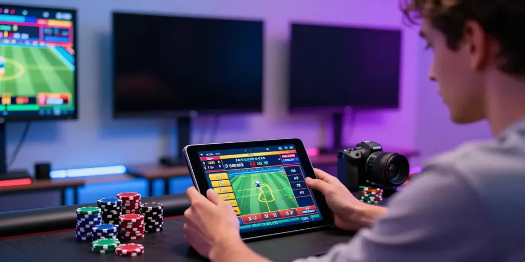 Engaged player using a tablet for vin88 online sports betting in a vibrant gaming room.