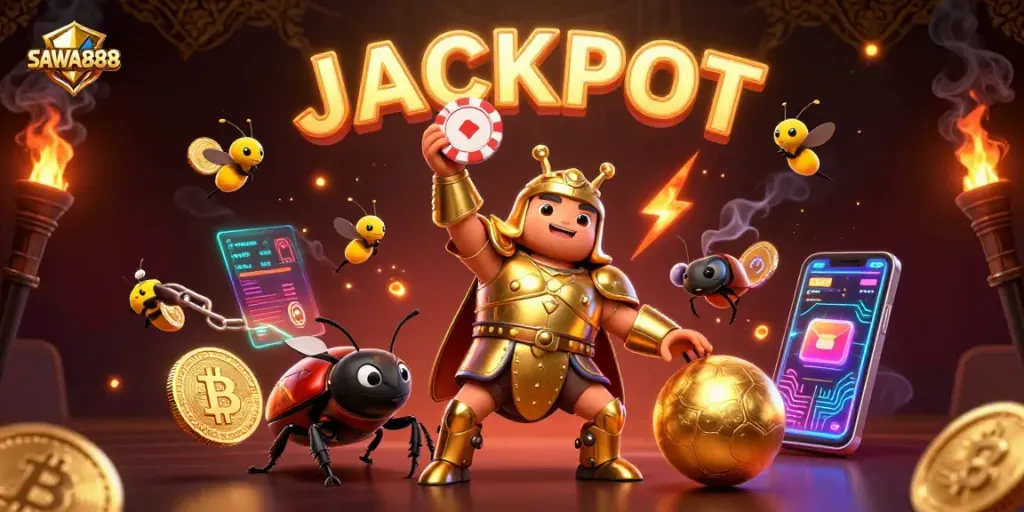 Experience SAWA888's excitement as a hero beetle celebrates a jackpot win amidst glowing cryptocurrencies.