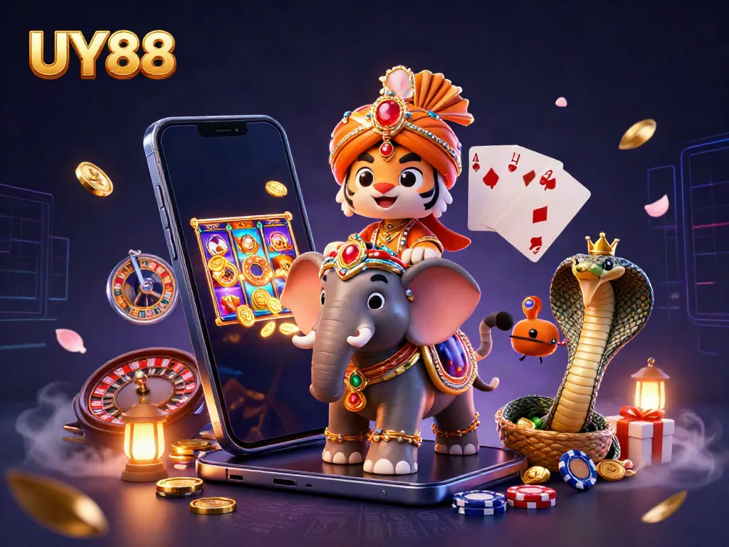Experience thrilling gaming with UY88's vibrant casino scene featuring a cartoon maharaja and elephant.