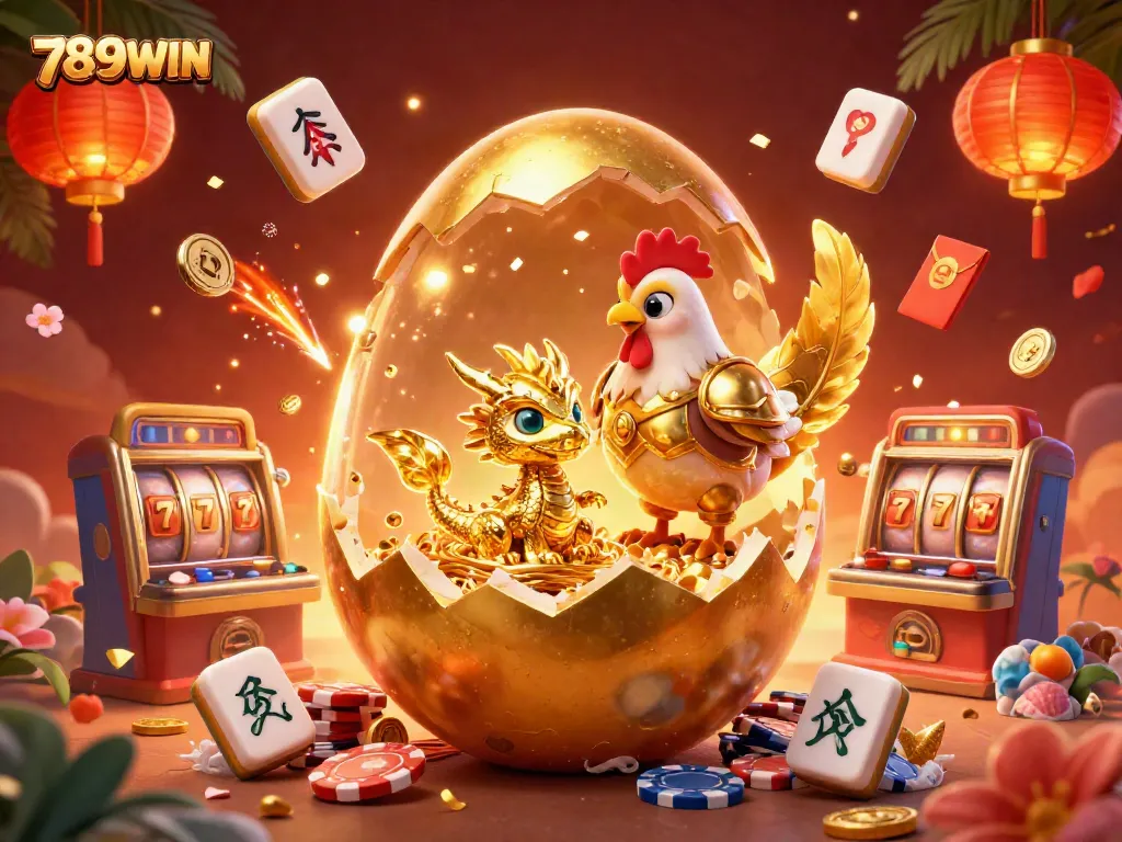 Experience the thrill of 789WIN with a vibrant golden dragon on poker chips amidst festive casino elements