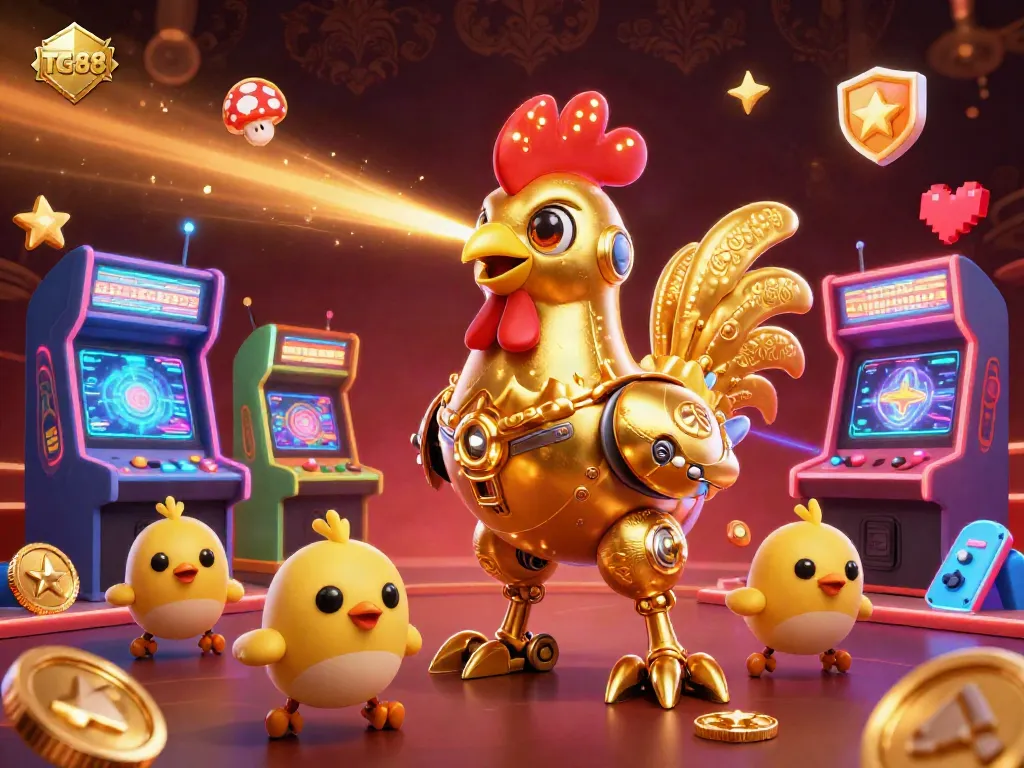 Engage in exciting gaming at TG88, featuring vibrant casino elements and a lively golden rooster robot.