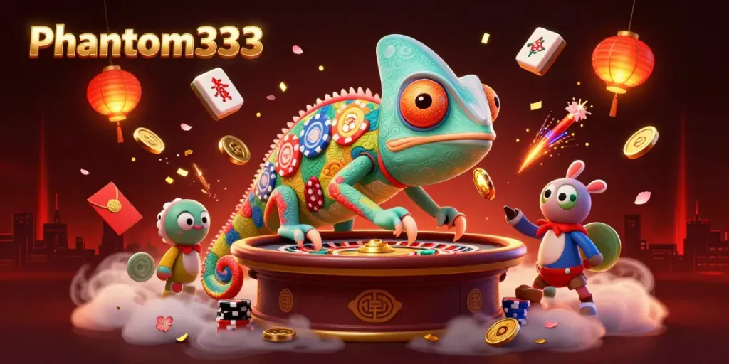 Experience the vibrant Phantom333 casino with a colorful chameleon owner amidst gaming treasures.