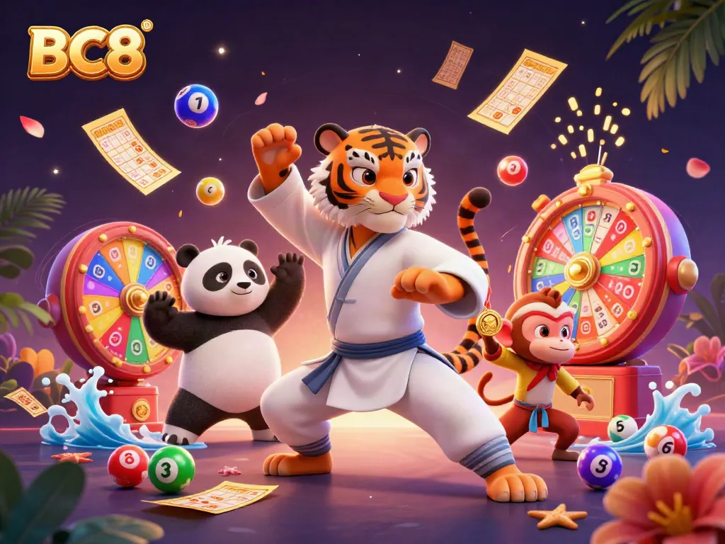 Engage with the dynamic BC8 gaming scene featuring vibrant lottery elements and playful characters.