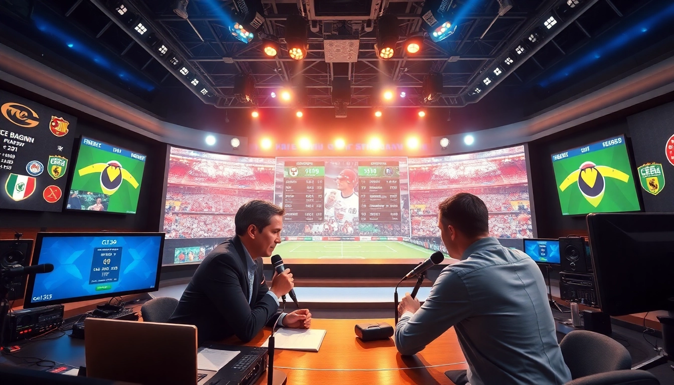 Engaging scene of sports broadcasting with commentators in a vibrant studio setting.