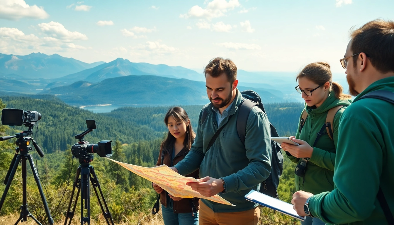 Location scouting team examines landscapes in a vibrant outdoor setting.