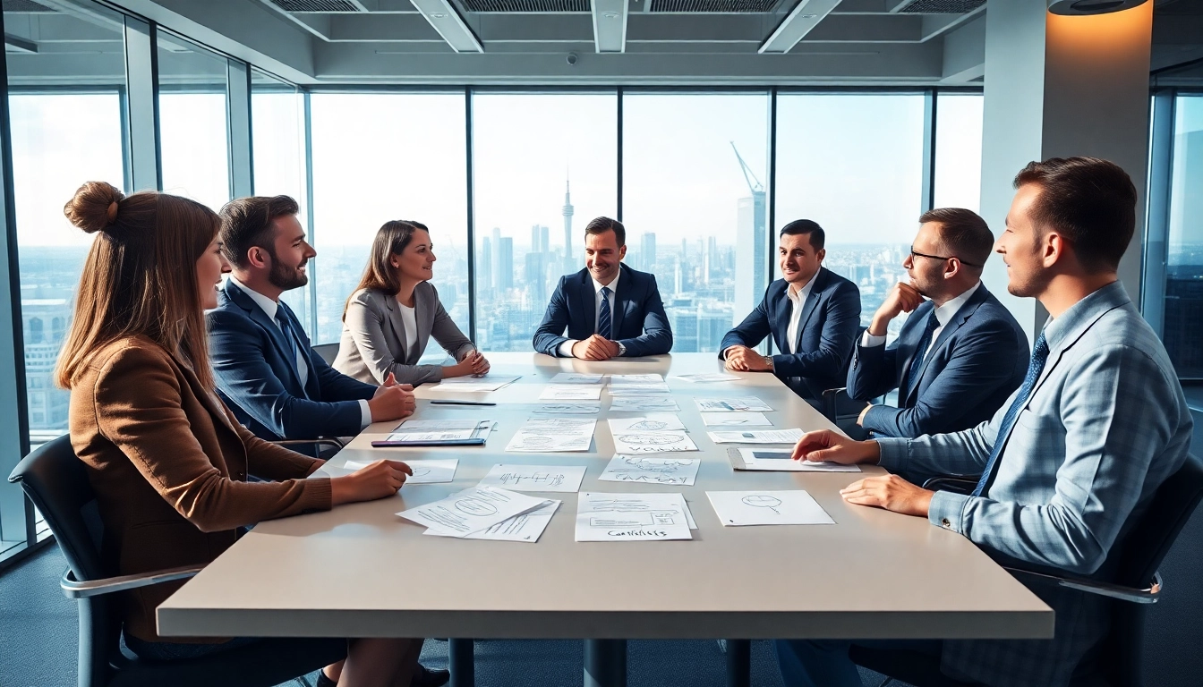 Professionals discussing strategies for an Ideal career in a modern office setting.
