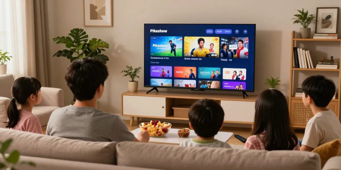 Pikashow streaming interface on a smart TV during a family movie night, showcasing a cozy living room atmosphere.