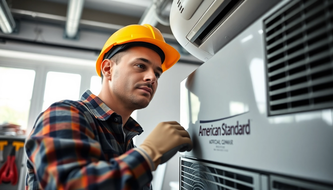 Technician installing an American Standard HVAC system, showcasing expert craftsmanship. related image