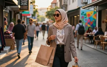 Stylish woman exploring a hijab shop in a vibrant urban setting