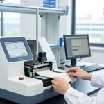 Technician operating the Elmendorf tear strength tester for precise fabric tear resistance measurements in a modern lab setting.