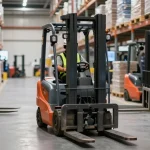 Operator using a pallet truck in a modern warehouse, showcasing efficient material handling and stacking.