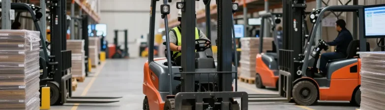 Operator using a pallet truck in a modern warehouse, showcasing efficient material handling and stacking.