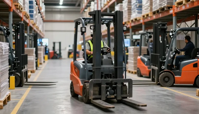 Operator using a pallet truck in a modern warehouse, showcasing efficient material handling and stacking.